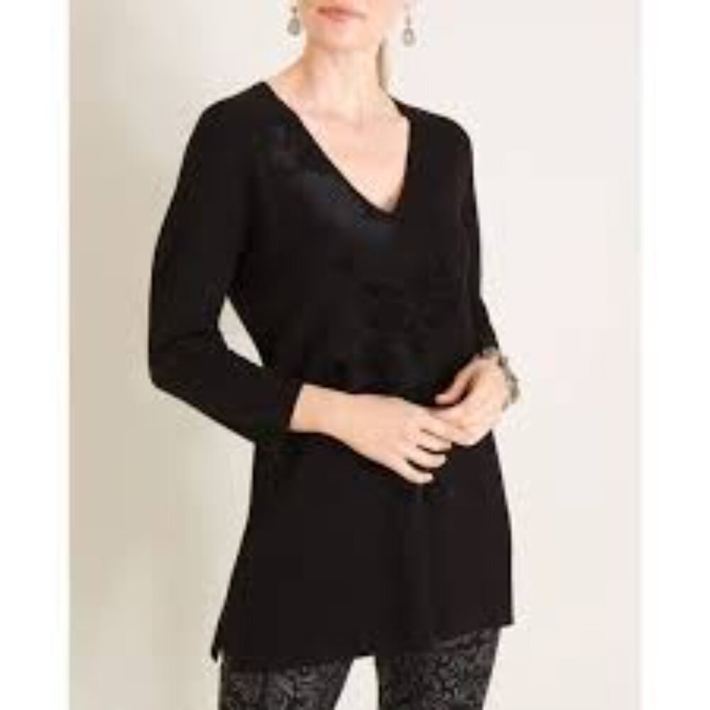 Chico's velvet Appliqué‎ pullover v-neck tunic sweater Size 3 (XL-16) floral
